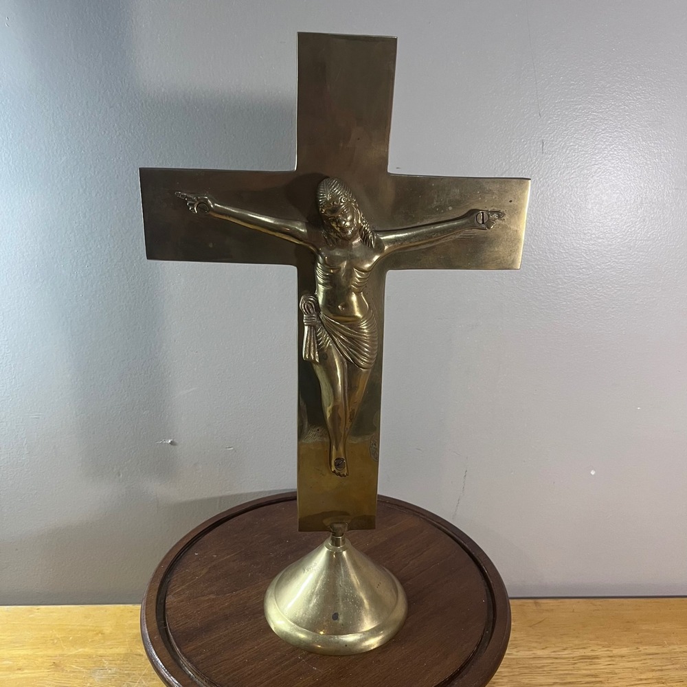 Vtg Brass Standing Crucifix 15.5" Gold Etched Floral Altar Cross Jesus Corpus